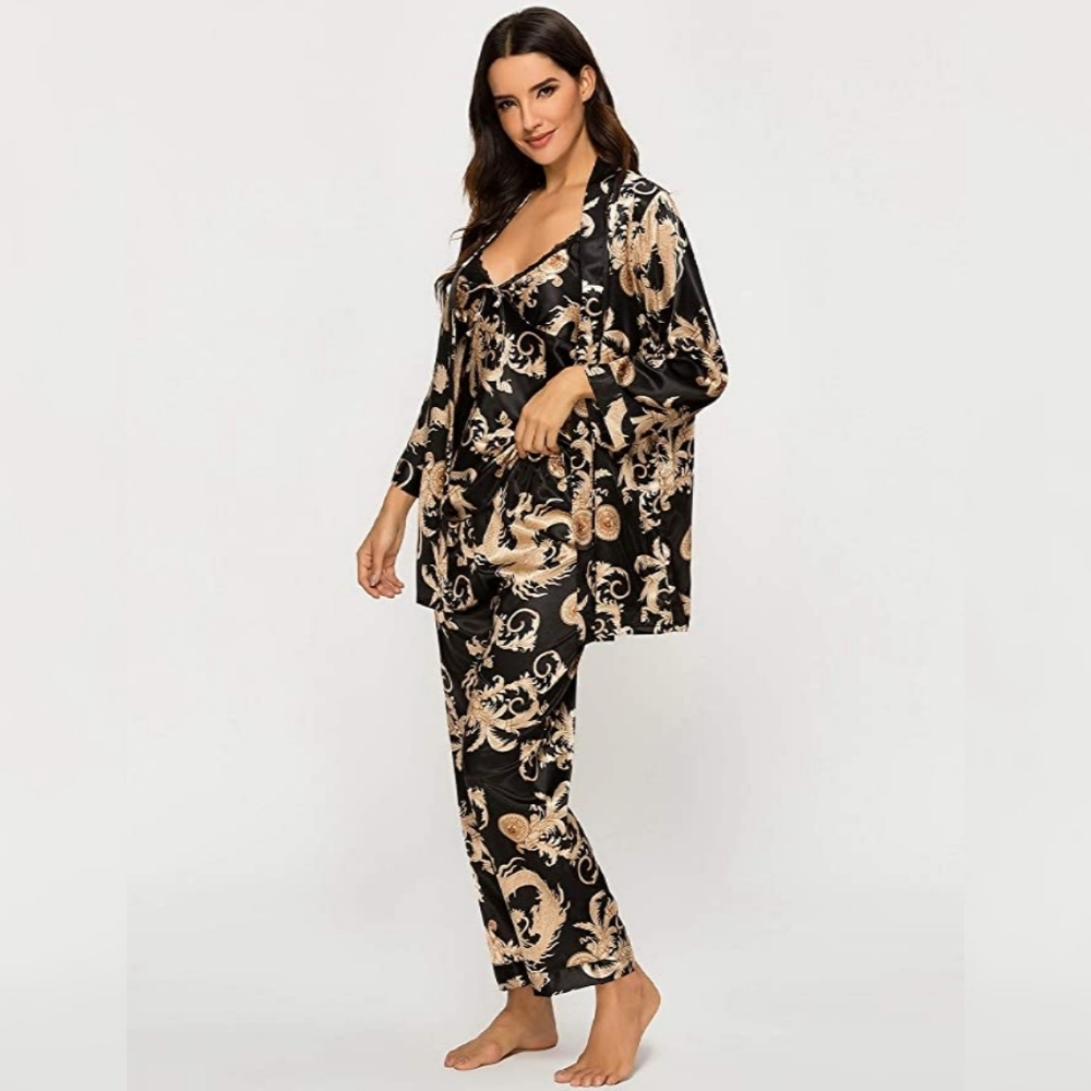Escalier Women's Silk Satin Pajamas Set 2 Pcs Dragon Robe & Pants Set Sz M NWT - Picture 4 of 5